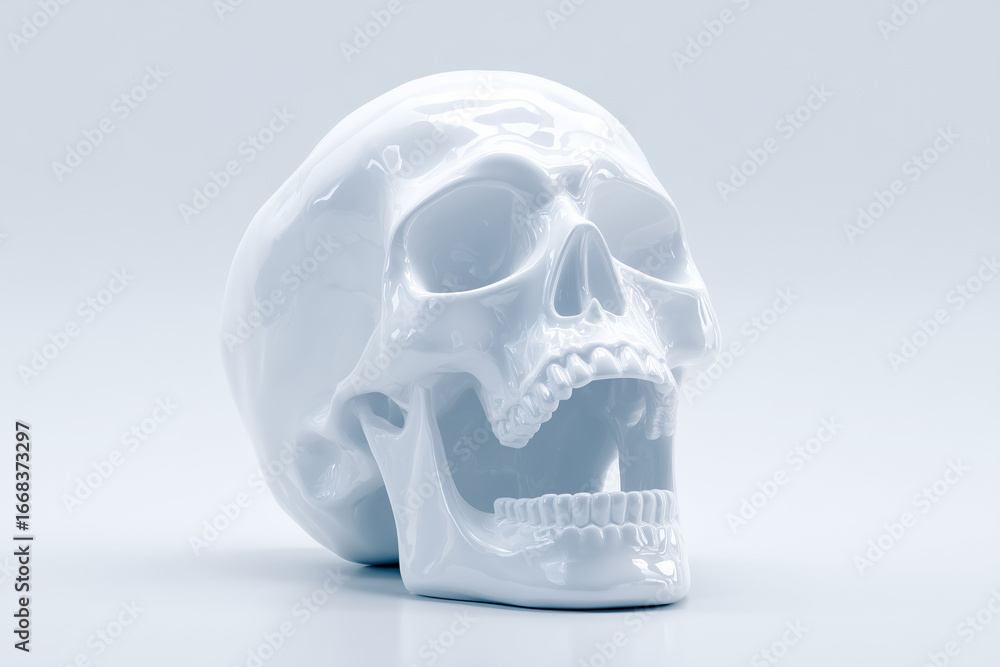 Obraz premium White ceramic skull against soft gray background with reflective surface