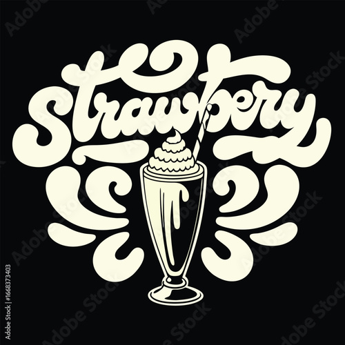Retro Strawberry Delight Illustration Creamy Milkshake with Whipped Topping and Striped Straw Against a Black Background
