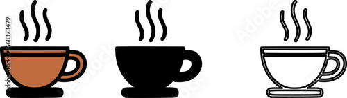 Set of three hot beverage cup icons with steam in different styles.