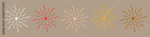 Children's Chalk Drawn Sketch. Set of Design Elements Bright  Stylized Suns of Scribbles Isolated on Craft Paper.