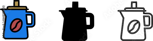 A set of three icons depicting a coffee pot with a coffee bean emblem, presented in color, silhouette, and outline styles.