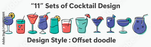 Cocktail Offset Doodle Set, Creative Sketch Drinks