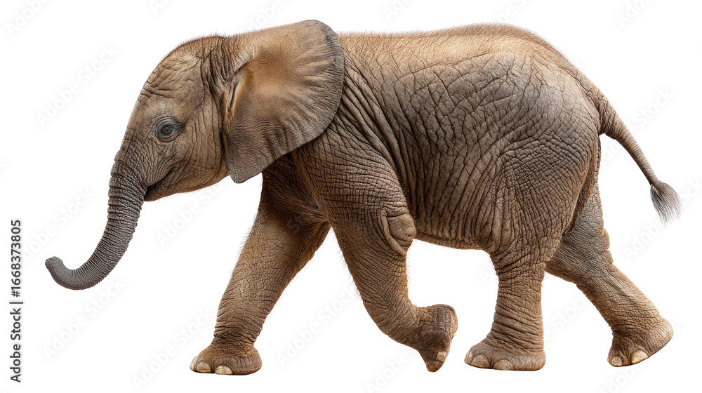Fototapeta premium Gentle Elephant: A charming baby elephant walks gracefully, its trunk held high, showcasing its natural beauty and captivating curiosity in this stunning portrait.