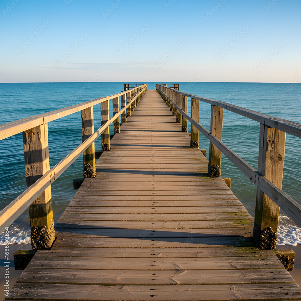 Fototapeta premium Wooden pier extending into a calm blue ocean on a sunny day.