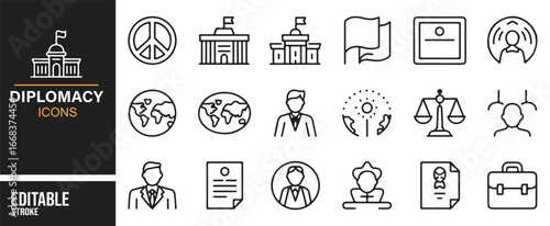 Diplomacy icon set representing unity, politics, peace, and foreign relations.