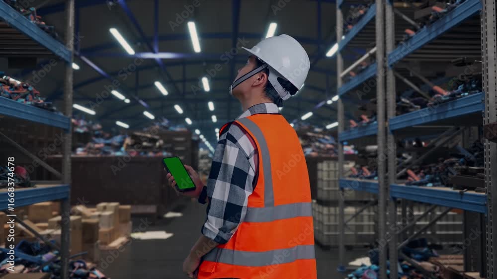 Back View Of Asian Male Engineer With Safety Helmet Working On A Green Screen Smartphone And Looking Around While Standing, Industrial Scrap Metal and Recycling Warehouse