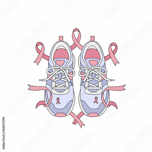 Pair of white and pink running shoes intertwined with breast cancer awareness ribbons.