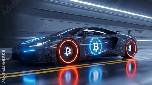 Bitcoin Sports Car in a Neon Tunnel.