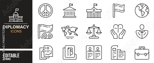Line icons of diplomacy symbols including treaties, negotiations, and embassies.