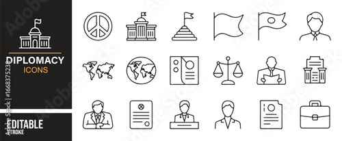 Collection of diplomacy icons for politics, global peace, and international projects.