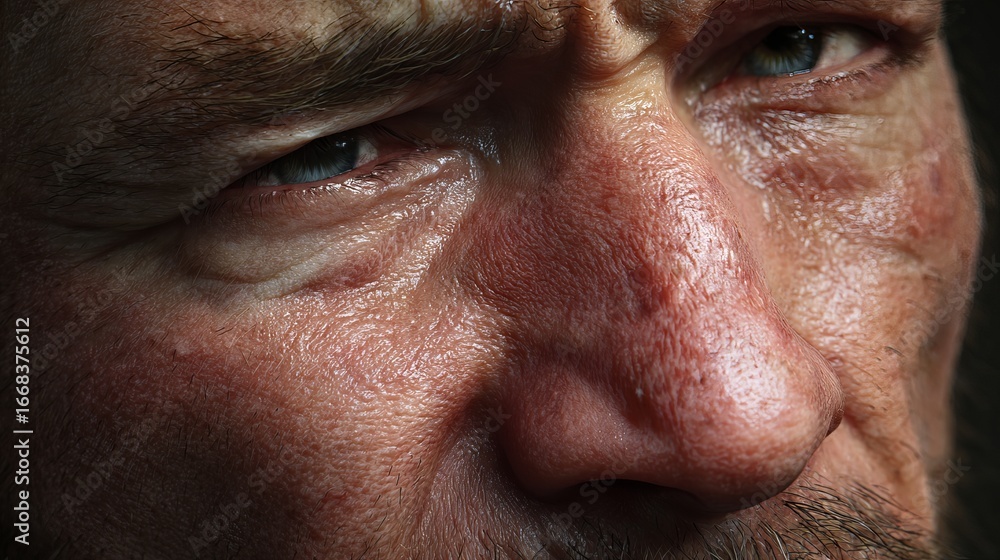 Fototapeta premium Close-up of a weathered male face displaying deep emotions and thoughtful expression.