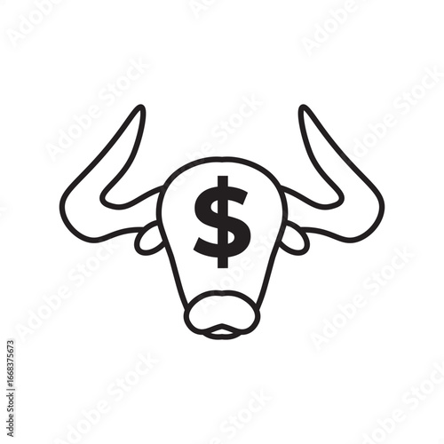 Bull market vector icon featuring bull head with dollar sign symbol. Ideal for finance, stock trading, investment growth, economic optimism, wealth, business success, Wall Street, and rising markets.