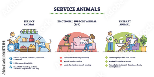 Service animals overview shows service animal, emotional support animal, and therapy animal with icons and brief roles. Outline diagram