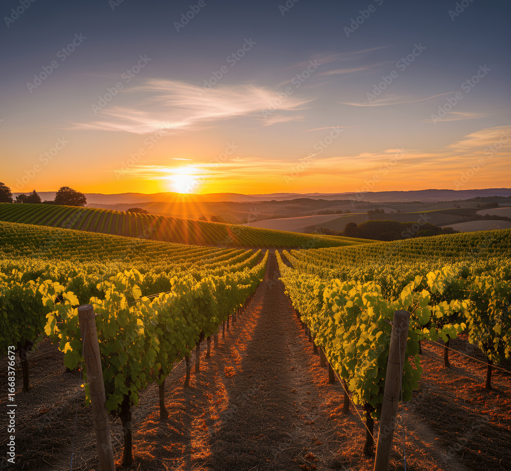 Fototapeta premium Scenic vineyard landscape at sunset with golden light on grapevines