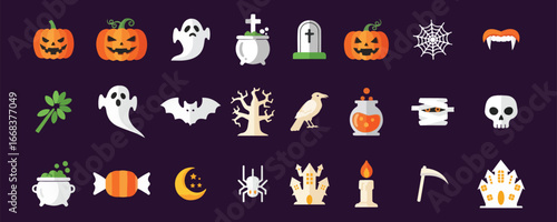 set of Halloween vector elements icon sheet. Halloween  vector illustration.  pumpkin, ghost, cat, spider, monster, hat, witch, spooky, black, purple, green 