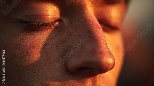 Close-up of a young male with light skin, eyes closed, basking in warm, golden light, revealing tranquil and serene expressions.