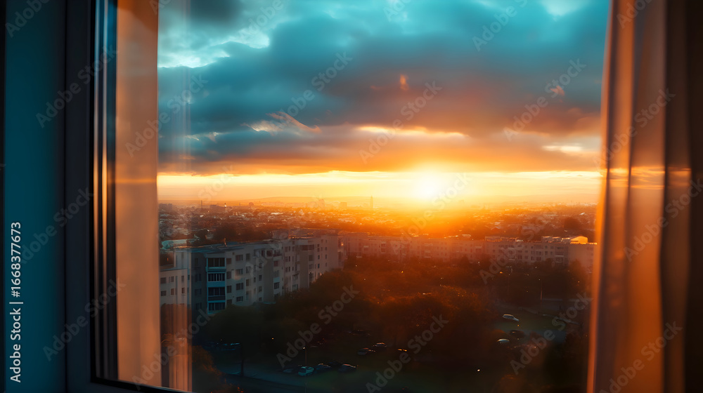 Obraz premium City sunset view through window