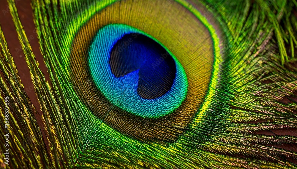 Obraz premium A detailed close-up view of a peacock feather, showcasing the vibrant colors and intricate texture of the barbs.