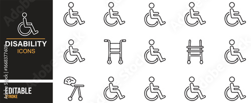 Minimalist icons of wheelchairs, prosthetics, and walking aids in line style.