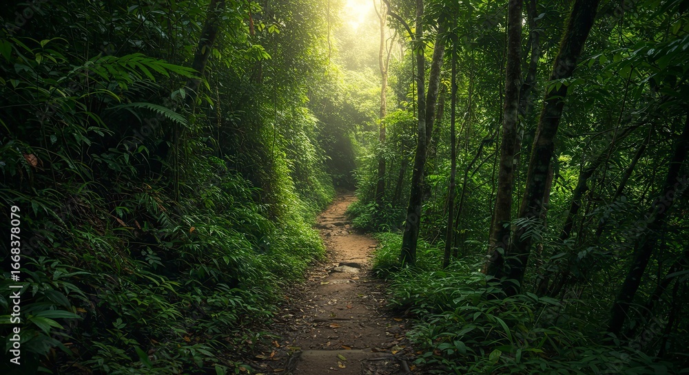 Obraz premium Sunlit Path Through Verdant Rainforest, Lush Greenery and Dense Foliage