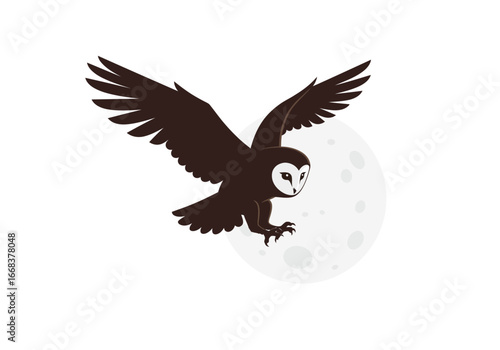 A brown owl is shown midflight in front of a moon its wings spread wide ready to catch its prey