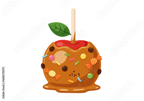 A candy apple adorned with sprinkles chocolate chips and candies topped with a green leaf sitting on a pool of caramel