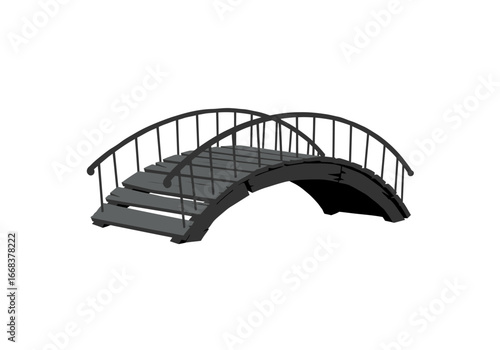A gray arched bridge with a railing featuring a curved structure and steps