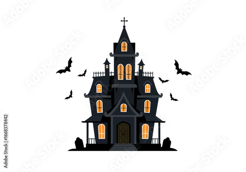 A spooky black mansion with lit windows and flying bats complete with gravestones