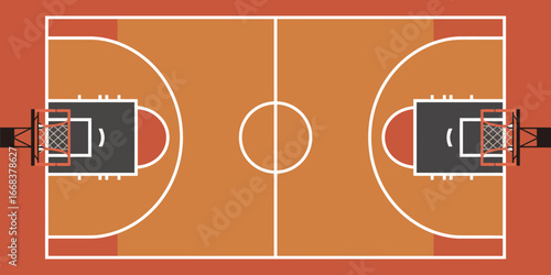 A top down view of a basketball court with hoops and lines on an orange and red colored surface