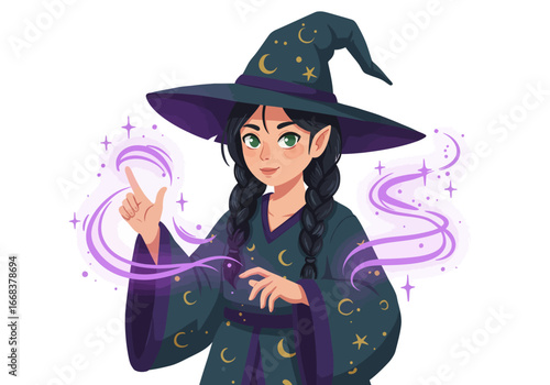 Cartoon witch casts spells with magic and a pointed hat