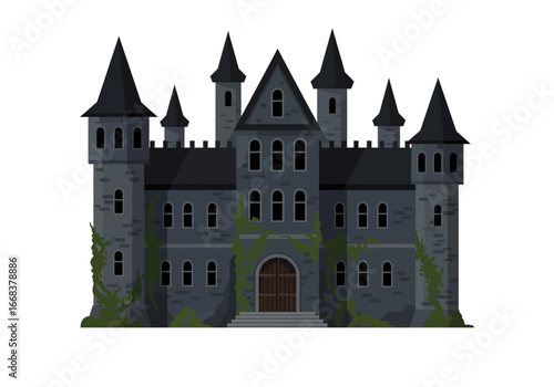 Gothic castle stands with pointed towers stone facade ivy vines and an arched wooden door at the entrance