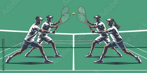 Illustration of two tennis teams playing a match on a green court with a net and a tennis ball in the air
