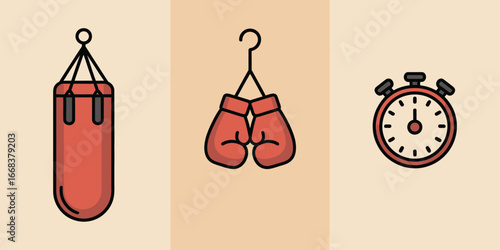 A boxing themed illustration featuring a punching bag gloves and a stopwatch on a light background