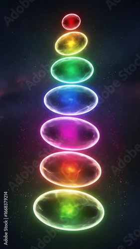 Stacked glowing, translucent, oval stones in rainbow colors against a dark, speckled, cosmic background.