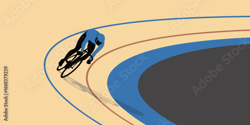 A cyclist in blue on a velodrome track with beige and blue lanes during a race illustration style