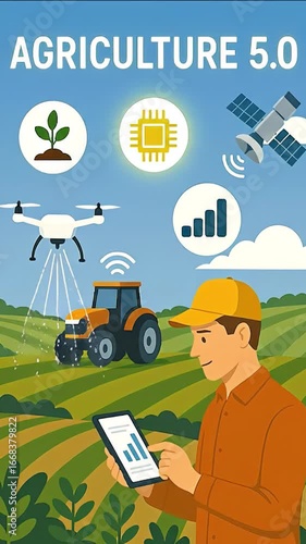 Animated illustration of farmer using tablet with drone, tractor, satellite and digital icons under Agriculture 5.0 title. Concept of smart farming, innovation and digital agriculture
