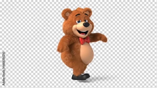 Animated cartoon bear with bow tie dancing and smiling on transparent background.