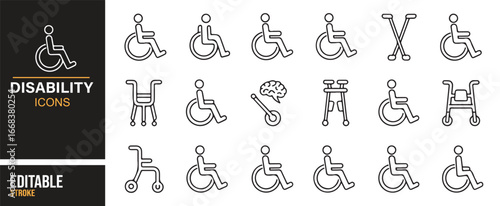 Modern disability icons showing mobility devices, prosthetics, and accessibility symbols.