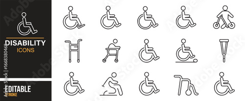 Vector set of disability icons featuring wheelchairs, crutches, and medical aids in outline style.