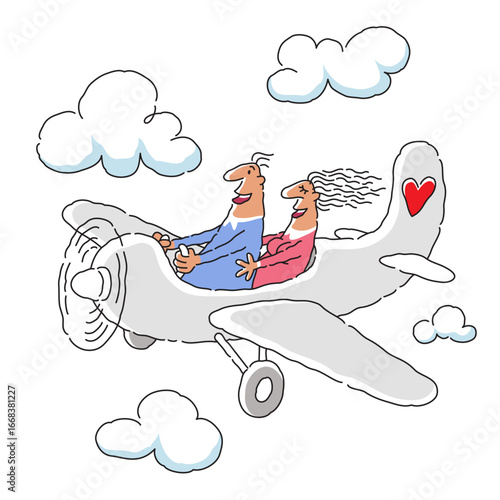 Cartoon vector illustration of happy married couple man woman husband wife boyfriend girlfriend lovers are flying  among the clouds on small airplane. Tail of the aircraft is decorated with red heart.