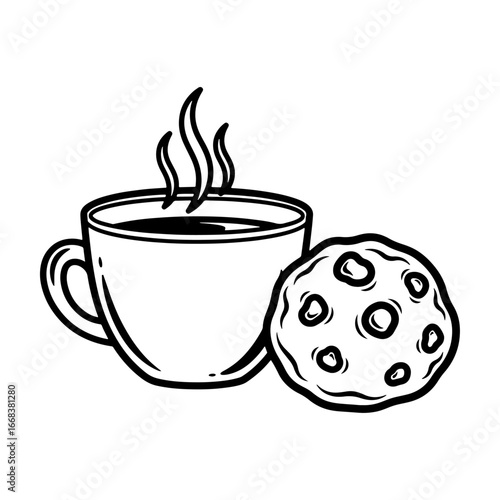 A portrait of a coffee cup and biscuits, an ideal sketch to enjoy in leisure time. It symbolizes friendship and comfort, and conveys the warmth of the moment.