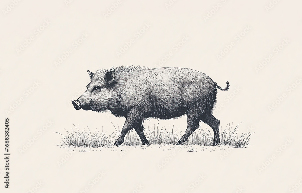 Fototapeta premium Boar, wild boar, hog, wild pig, sketch. Vintage retro print, wild boar, forest pig sketch ink style drawing, linear drawing, engrave old school. Sketch artwork silhouette wild ho pig. Illustration