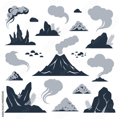 Volcano vector with smoke and lava rock elements.