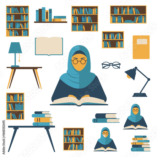 Vector of a Muslim woman wearing a hijab in a library with book elements and a library table.