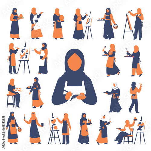 Vector Illustration of Muslim Women Artists in Hijab Painting and Creative Art Activities