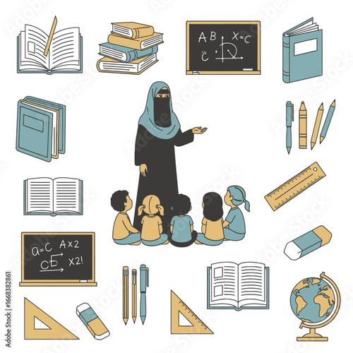 Vector Illustration of Muslim Teacher in Hijab Teaching Children with School Education Elements