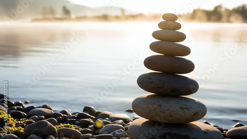Stacked stones balance on a rocky shore, with a tranquil lake and misty mountains in the background, creating a serene and peaceful scene.