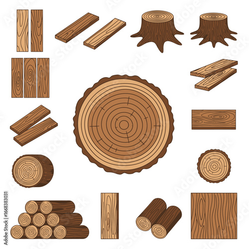 Vector elements set of wood pieces, logs, planks, carpenters.
