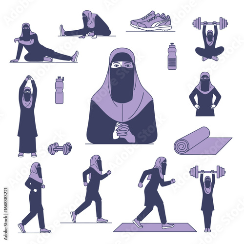 Set of vector elements of Islamic hijab women exercising gym barbell and yoga