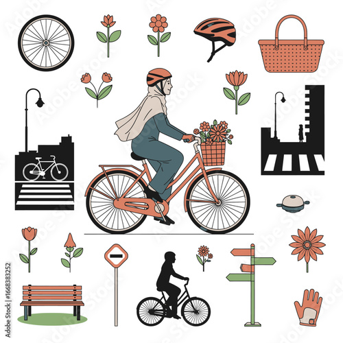 Vector element set of islamic hijab women leisure time, outdoor elements, bicycle, park, bench.